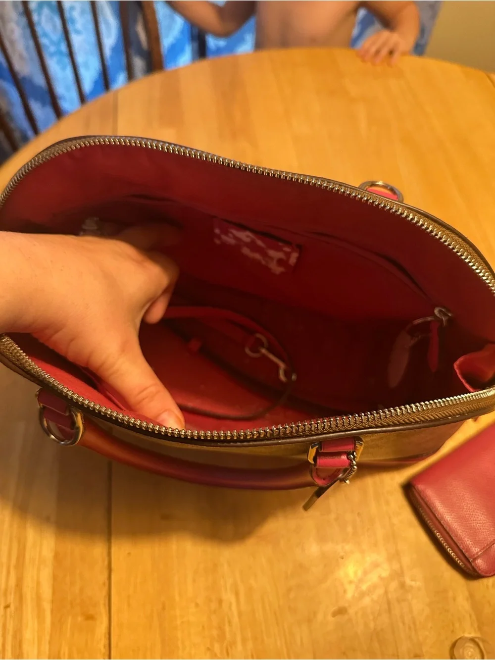 Coach Brown Signature Dome Satchel with Pink Trim and Matching Pink Wallet